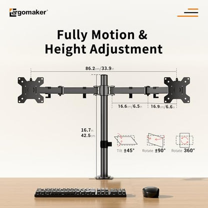Dual Monitor Mount, Height Adjustable Swivel for 13-27" Screens | Monitor Stand with Steel Frame Supports Up To 22 Lbs; Includes C-Clamp Mount and Adjustable Tilt/Rotation For Optimal Viewing - size: Dual Up to 27"