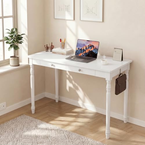 100% White Solid Wood Desk 47" Wooden Desk with 2 Drawers | Mid Century Modern Desk, Writing Desk Computer Table for Home, Office, Bedroom, Living Room - color: White, size: 47.2" x 21.7"
