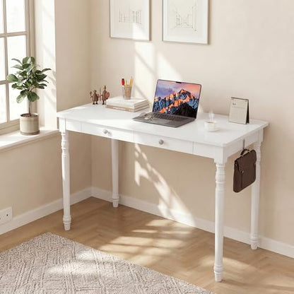 100% White Solid Wood Desk 47" Wooden Desk with 2 Drawers | Mid Century Modern Desk, Writing Desk Computer Table for Home, Office, Bedroom, Living Room - color: White, size: 47.2" x 21.7"