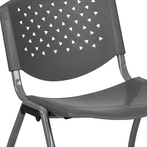 EMMA + OLIVER Home and Office Gray Plastic Stack Chair with Perforated Back | Powder Coated, 880 LBS. Weight Capacity - color: Grey