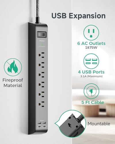 2 Pack Surge Protector Power Strip with 6 Outlets 4 USB Ports - size: 5 FT, style: Braided Cord
