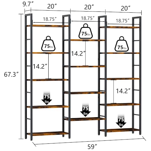 Shintenchi Large 5 Tier Bookshelf,Triple Bookcase, Tall Open Shelves - size: 5 Tier(Wide)
