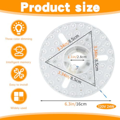 Ceiling Fan LED Light Replacement Disc 24W 6.3 in 120V 3CCT | Hardwired dimmable ceiling fan LED replacement panel with 3 CCT 3000K 4000K 5000K and anti-glare PC diffuser - size: 6.29 inch