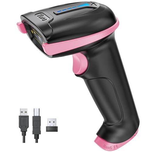 Tera Barcode Scanner with Battery Indicator: 1D Wireless, 5100 Pink | USB Wired 2.4G Wireless Reader, 2200mAh Battery, 1D Laser Scanning, IP54 Protection, Retail Checkout Warehouse Library School - color: 1D Pink