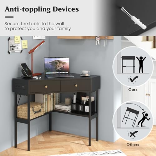 Tangkula Corner Desk with 2 Drawers & Built-in Charging Station, 90 Degrees Triangle Computer Desk for Small Space, Bedroom Makeup Vanity Desk with Storage Shelves, Corner Writing Desk