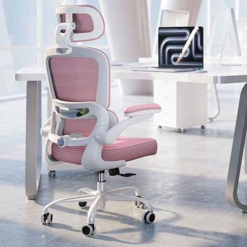 TRALT Ergonomic Office Chair Desk Chair with Adjustable Lumbar Support | Home Office Desk Chairs with Flip-up Armrests & 3D Headrest - Mesh Gaming Chairs for Adults, 330lbs, PU Leather (Pink, 1) - color: Pink, size: Pack of 1