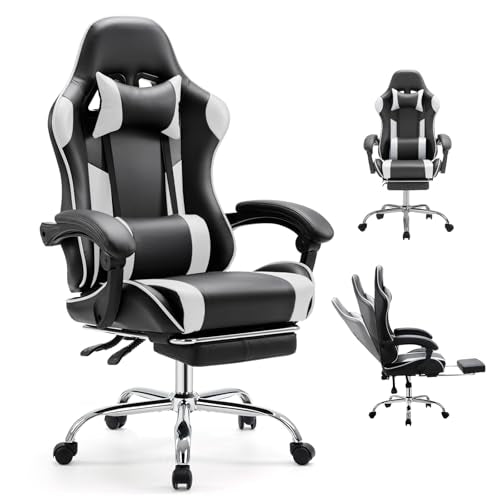 DUMOS Ergonomic Gaming Chair with Footrest, Computer Video Game Chair | Comfy Headrest, Height Adjustable, Linkage Armrests, PU Leather, 360° Swivel Recling, Black White - color: Black White, size: PU Leather 27"D x 25"W x 52"H