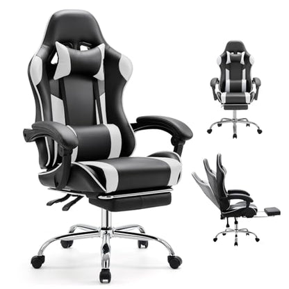 DUMOS Ergonomic Gaming Chair with Footrest, Computer Video Game Chair | Comfy Headrest, Height Adjustable, Linkage Armrests, PU Leather, 360° Swivel Recling, Black White - color: Black White, size: PU Leather 27"D x 25"W x 52"H