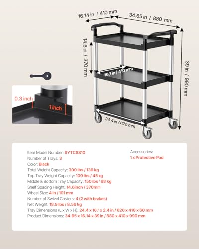 VEVOR Utility Cart, 300 lbs Load Capacity, 3-Tier Utility Plastic Cart with 360° Swivel Wheels (2 with Brakes), 24.4 x 16.1-inch Food Service Cart for Warehouse, Office, Home, Restaurant, Kitchen - style: 3 Tier-300LBS