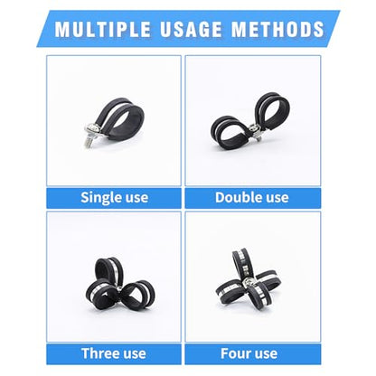 1" Cable Clamps, 20PCS, 304 Stainless Steel | Rubber Cushioned Insulated Loop, Riveted Reinforce, Anti-Vibration P-Clamp, For Wire, Hose, Tube & Conduit - size: cable clamp-1"(25.4mm) 20pcs