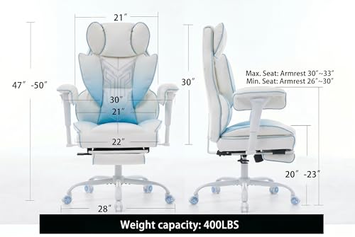 Comfy Office Desk Chair, White‑Blue Aesthetic Chair with Footrest - color: White/Blue