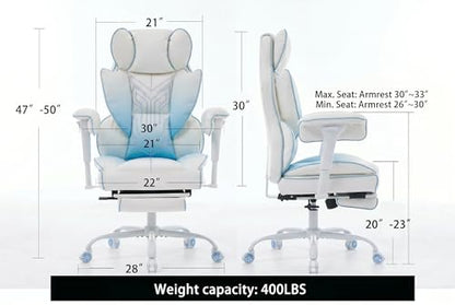 Comfy Office Desk Chair, White‑Blue Aesthetic Chair with Footrest - color: White/Blue