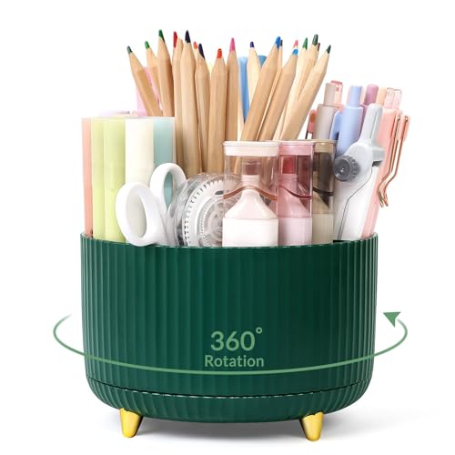 SKYDUE 360 Degree Rotating Desk Organizer, Dual-Purpose Pencil Pen Holder for Desk, Rotating Desk Pen Organizer with 5 Slots, Art Supplies, Pencil Cup for Office, School, Home - color: Dark Green_1Pack