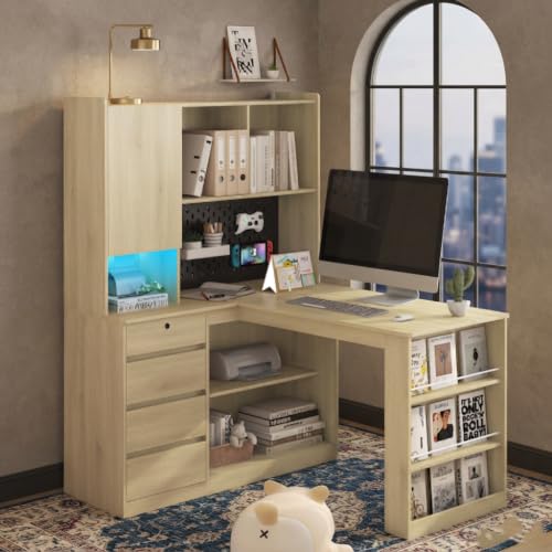 RuiSiSi L-Shaped Corner Office Desk with Hutch, 47" Writing Desk with Bookcase and LED, Modern Study Table for Small Space, Wood - color: Wood, size: 46.06"*51.56"*62.79