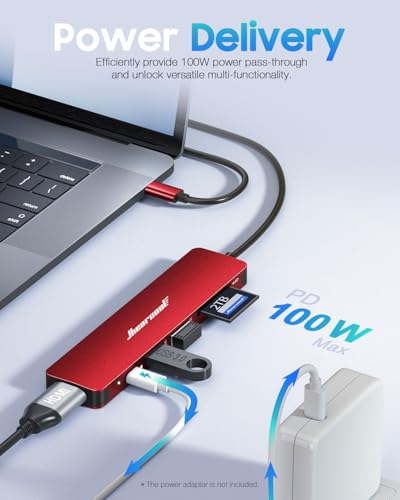 Hiearcool USB C Hub, 7-in-1 USB C Dongle for MacBook, HDMI, PD, Dark Red - color: Dark Red