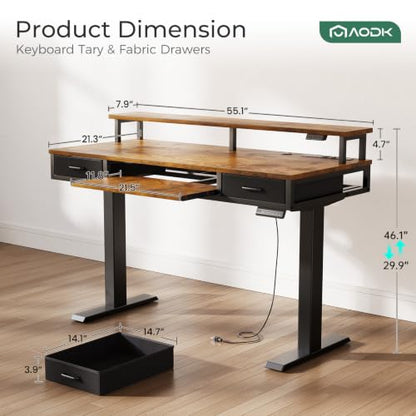 AODK 55 Inch Standing Desk with Drawers & Keyboard Tray, Rustic Brown - color: Rustic Brown, size: 55 Inch