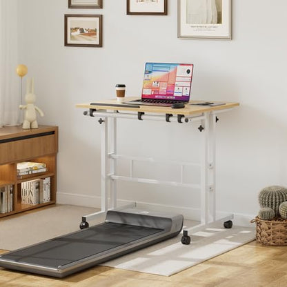 VECELO Mobile Small Standing Desk Adjustable Height, Computer Workstations with Tiltable Tabletop, Lockable Wheels, Portable Rolling Laptop Desk for Home Office, Oak - color: Oak