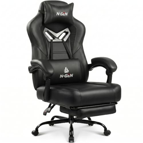 N-GEN GAMING Gaming Chair Big and Tall Computer Heavy Duty Office Desk Chair with Footrest Ergonomic Lumbar Support High Back Recliner for Adults (Dark Black) - color: Dark Black