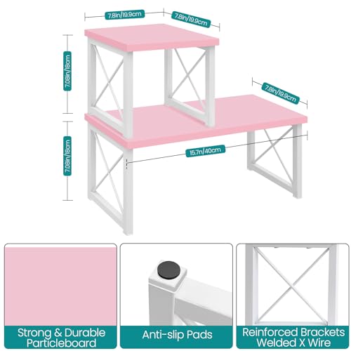 ELITEROO Desktop Shelf, 2 Tier Independent Stackable Desk Stand, Adjustable Freestanding Table Top Mini Bookshelf, Aesthetic Storage Organizers for Women/Girls/Daughter, Pink - color: Pink