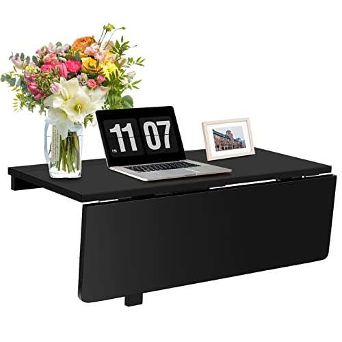 COSTWAY Wall Mounted Folding Table, 31.5" x 23.5" Drop-Leaf Floating Writing Desk for Small Spaces, Space-Saving Fold Down Laptop Workstation for Kitchen, Bedroom, Laundry Room, Study Room (Black) - color: Black