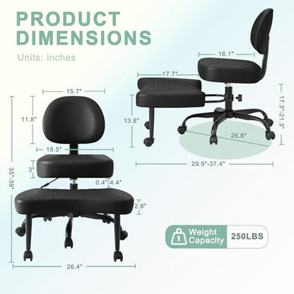 GUNJI Ergonomic Criss Cross Legged Office Chair, 360° Swivel Meditation Kneeling Chair with Wheels, ADHD Chair with Footrest, Lumbar Support, Wider Height Adjustable Seat (Black, Faux Leather) - color: Black