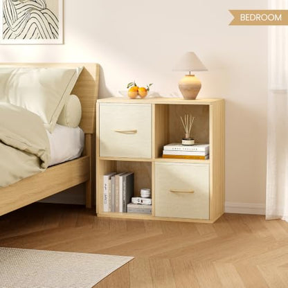 EXPERLAM 4 Cube Storage Organizer - Solid Wood Bookshelf with 2 Storage Bins, Cube Shelf with 2 Removable Back Panels, Vertical or Horizontal Bookcase, Open Book Shelf for Bedroom, Living Room, Office - size: 4 Cube Shelf