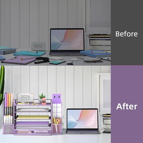 SUPEASY Mesh Desk Organizer with File Holder, 5-Tier Paper Letter Tray Organizer with Magazine Holder, Desktop Organizer and Storage with Drawer for Office Supplies Home or School (Purple) | Two side magazine holders and a bottom drawer store papers, fold