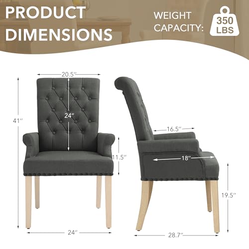 LOULENS Linen Dining Chair with Arms, Tufted Dining Room Chairs, Dark Grey | Solid Wood Legs, Nailhead Trim, Accent Chair, Kitchen Chair - color: Dark Grey-a, size: 1 PCS