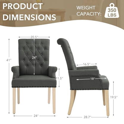 LOULENS Linen Dining Chair with Arms, Tufted Dining Room Chairs, Dark Grey | Solid Wood Legs, Nailhead Trim, Accent Chair, Kitchen Chair - color: Dark Grey-a, size: 1 PCS