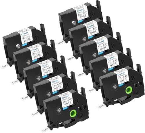 Cruxer 10 Pack Replacement for P-Touch TZe-231 TZe231 12mm Black on White | TZ-231 0.47" 1/2 Laminated Label Tape Compatible with Ptouch PT-D200 PT-D210 PT-D400 PT-D450 PT-D600 PT-H100 PT-1230PC Maker - size: 12mm (0.47")