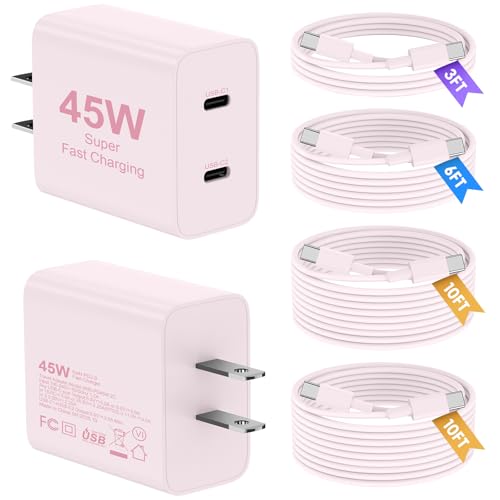 Super Fast Samsung Charger Type C, 2 Pack 45W Dual Port USB C Fast Charger - color: Pink, size: 2pack-(3+6+10+10)ft