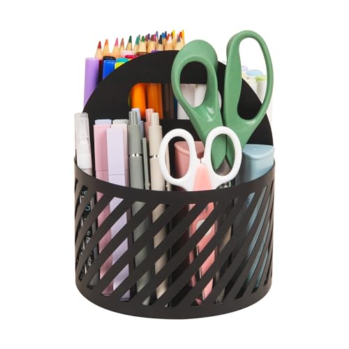 Mind Reader Round Metal Desktop Carousel Organizer with Handle, Four Compartments, Office Supplies and Accessories, Metal, Black - color: Black Carousel Organizer