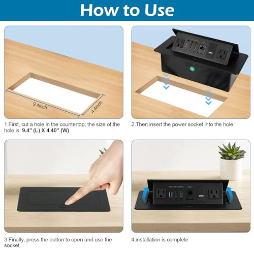 Table Pop Up Outlet, Desktop Pop Up Socket Center Countertop Socket Multimedia Strip Socket Connection Box Countertop with USB 3.0/2×AC/2×HDMI/USB-A/USB-C/LAN for Conference Desk Office (Black-3) - style: Black-3