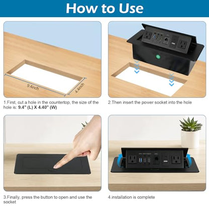 Table Pop Up Outlet, Desktop Pop Up Socket Center Countertop Socket Multimedia Strip Socket Connection Box Countertop with USB 3.0/2×AC/2×HDMI/USB-A/USB-C/LAN for Conference Desk Office (Black-3) - style: Black-3