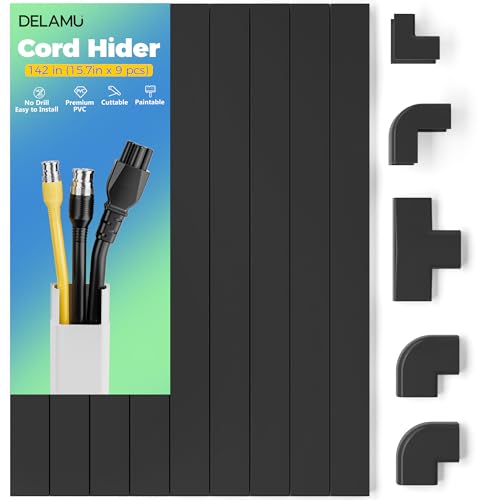Delamu 142in Black Cord Hider Cable Hider, Cord Covers for 2-3 Wires on Wall, Premium Wire Hiders Wire Covers for Cords on Wall, Easier Setup TV Cable Cover Management Kit, W0.94 H0.47in, Black - color: Black, size: 142in L X 0.94in W X 0.47in H