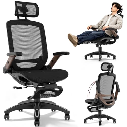 Ergonomic High-Back Office Chair with Footrest – Flip-Up Arms, 3D Headrest, 135° Recline, and Wide Mesh Seat with Lumbar Support. Rolling Swivel Task Chair for Gaming or Work, Sturdy, 300 LBS. - color: Ebony Wood Grain
