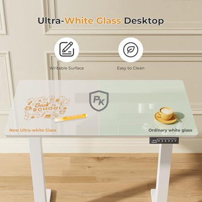 JOY worker Electric Glass Standing Desk, 35" Small Drafting Table on Wheels - color: White Glass, size: 35" * 20"