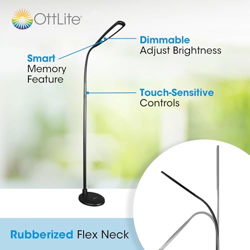 OttLite Flex LED Floor Lamp, Black | ClearSun LEDs Reduce Eyestrain | Adjustable Flex Neck 49"-71" | Smart Memory Feature - color: Black