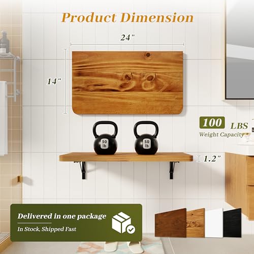 Dogsky Floating Wall Desk 24" x 14" - 100 lbs Heavy Duty Solid Pine - color: Golden Brown, size: 24" x 14"