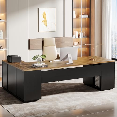 Tribesigns 85.8-Inch L-Shaped Executive Desk, Extra Large Home Office Desk - color: Brown & Black
