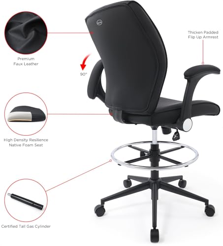 Ergonomic Adjustable Drafting Chair Extra Tall Office Stool for Standing Desk, Mid Back Faux Leather Counter Height Comfortable Bar High Roll Tilt Computer Chair with Flip Up Arms and Foot Ring, Black