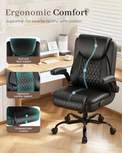 COMHOMA Mid-Back Office Chair, Ergonomic PU Desk Chair with Flip up Arms, Small Computer Gaming with Comfy Lumbar Support,Rocking Function,Sturdy Metal Base, Ink Black - color: Ink Black
