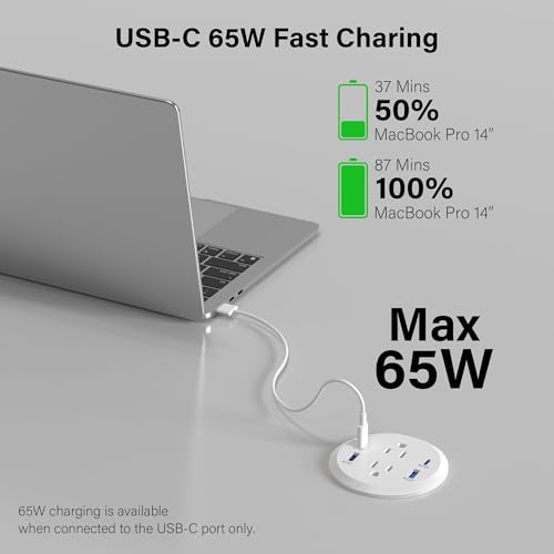 Jgstkcity Power Strip,Flush Mount Recessed Power Grommet,65W USB C Fast Charging,3-Inch Hole, 4 Outlets & 4 Ports, Ideal for Desktop & Countertop Outlet,Dual-Sided (White, 6FT) - color: White, size: 6FT