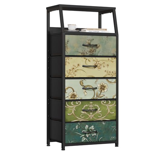 5 Drawers Dresser for Bedroom, Fabric Tall Nightstand | Retro Vertical Dorm Storage Drawer, Bedside Table with Steel Frame, Wood Top, Easy Assembly for Living Room, Fabric Bins - color: Vintage Floral, style: 5 Drawers