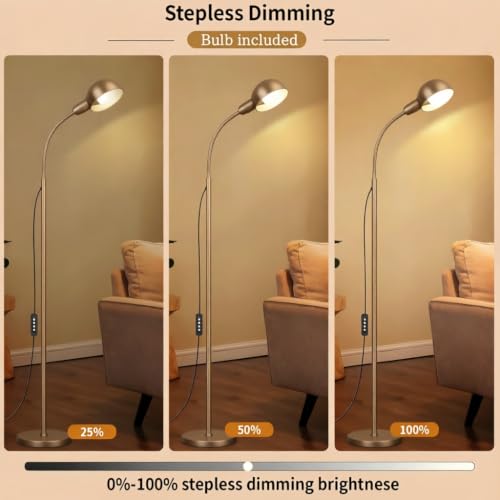 Nickel Floor Lamp with Flexible Gooseneck and Rotatable Shade，Standing Lamp include Dimmer LED Bulb，Ideal Tall Lamp with Dimmer and Timer Switch for Reading,Bedside and Living Room (Nickel Satin) - color: Nickel Satin