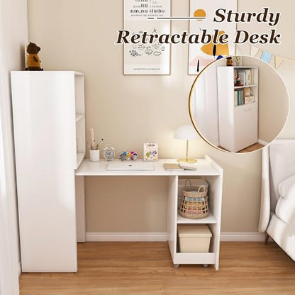 White Wooden Compact Folding Computer Desks for Small Spaces | Foldable Desk with Storage Shelves, Expandable Hidden Murphy Table with Wheels, Space Saving Writing Table for Bedroom - color: White