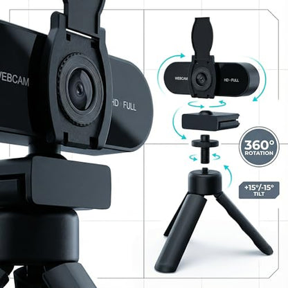 4K HD Webcam with Microphone, Noise Cancellation, Privacy Cover, Wide-Angle Lens, Auto Light Correction, Plug & Play USB Webcam for Laptop, Desktop, PC, Mac, Zoom, Skype, Streaming