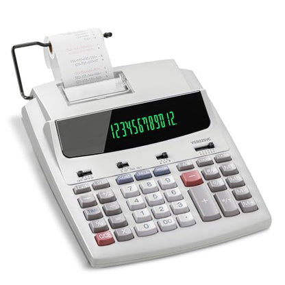 VUSIGN 12-Digit Desktop Printing Calculator with Tape Print Out, Adding Machine with Fluorescent Display, 10 Key Calculator with Clock and Calendar, Accounting Business Finance