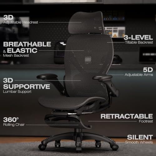 ELABEST X100 Ergonomic Mesh Office Chair with Footrest, Big and Tall Home Desk Chair with 5D Flip-Up Arms, Adjustable 3D Lumbar Support, Gaming & Executive Computer Chair (Night Reaper) - color: Night Reaper