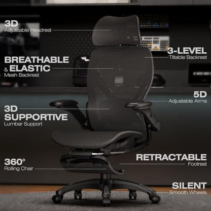 ELABEST X100 Ergonomic Mesh Office Chair with Footrest, Big and Tall Home Desk Chair with 5D Flip-Up Arms, Adjustable 3D Lumbar Support, Gaming & Executive Computer Chair (Night Reaper) - color: Night Reaper